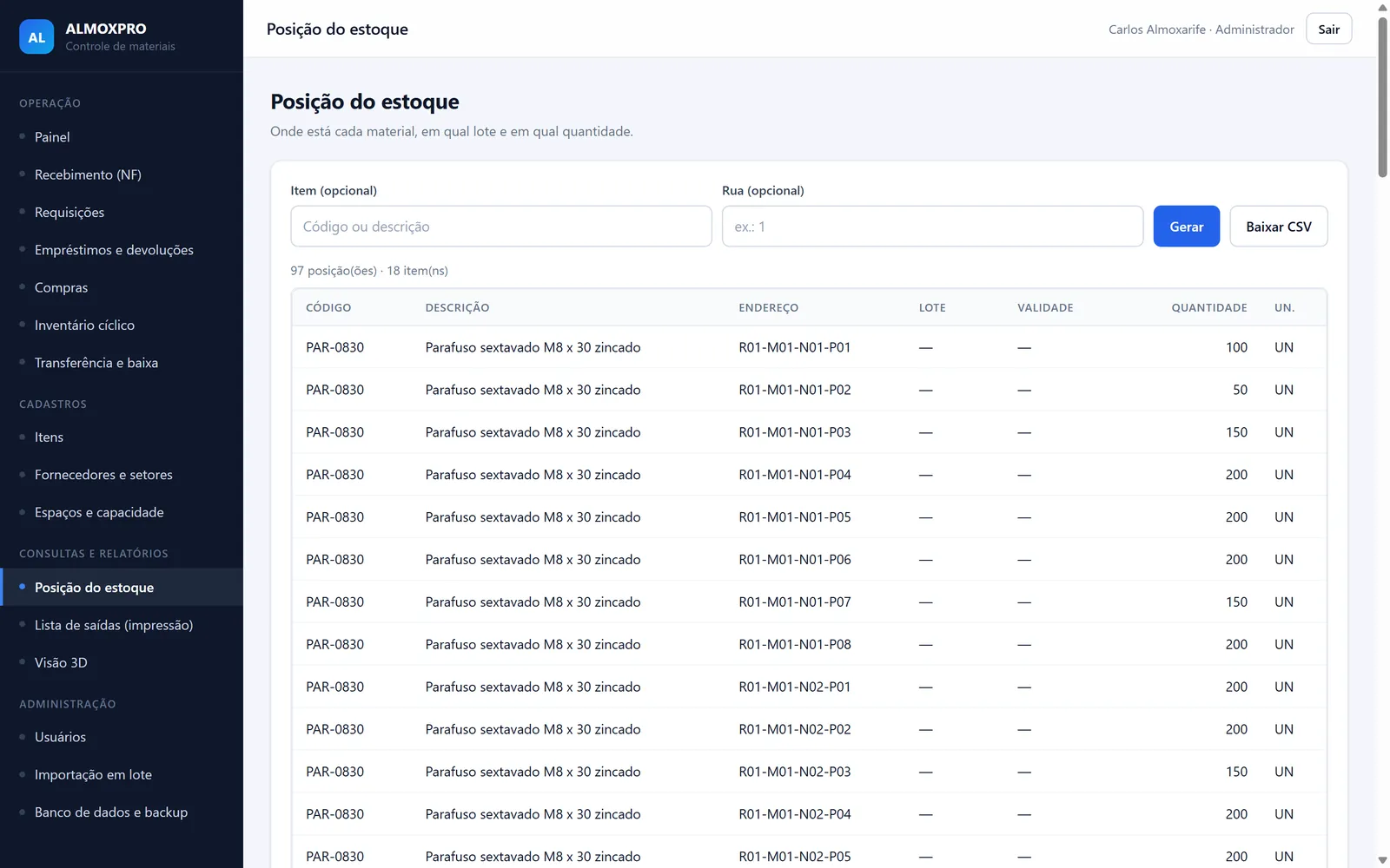 Relatório de posição do estoque com código, endereço, lote, validade e quantidade