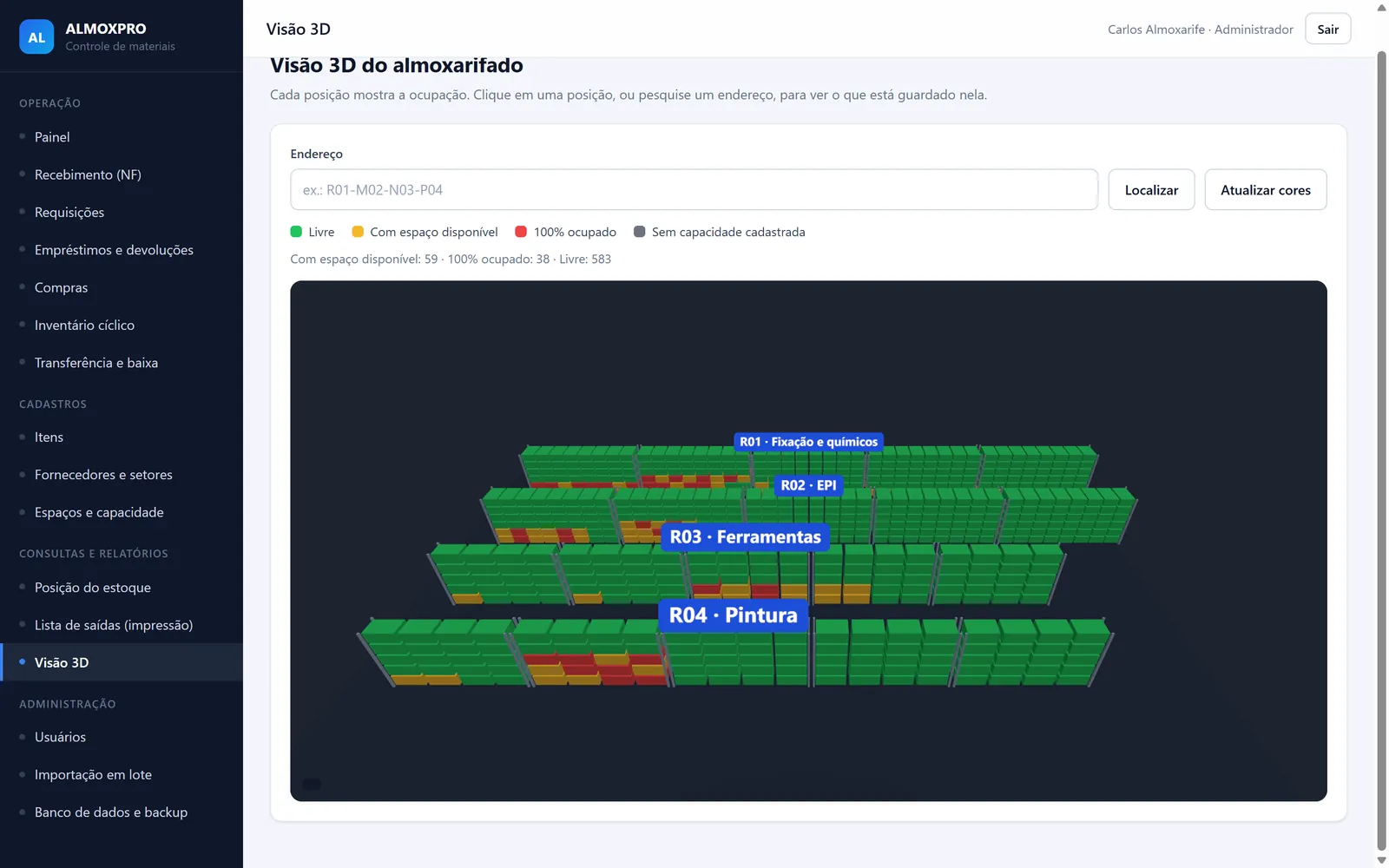 Visão 3D do almoxarifado com as posições coloridas pela ocupação