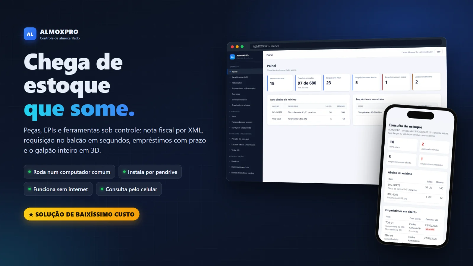 ALMOXPRO: chega de estoque que some. O programa rodando no computador, no painel, e a consulta do estoque no celular. Roda num computador comum, instala por pendrive, funciona sem internet, consulta pelo celular. Solução de baixíssimo custo.